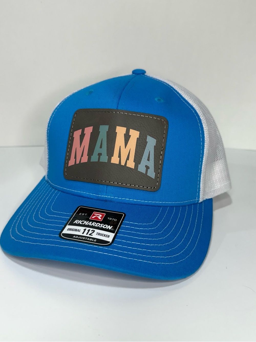Mama Leather Patch Trucker Hat Mesh Back SnapBack Richardson 112 Blue White Cap